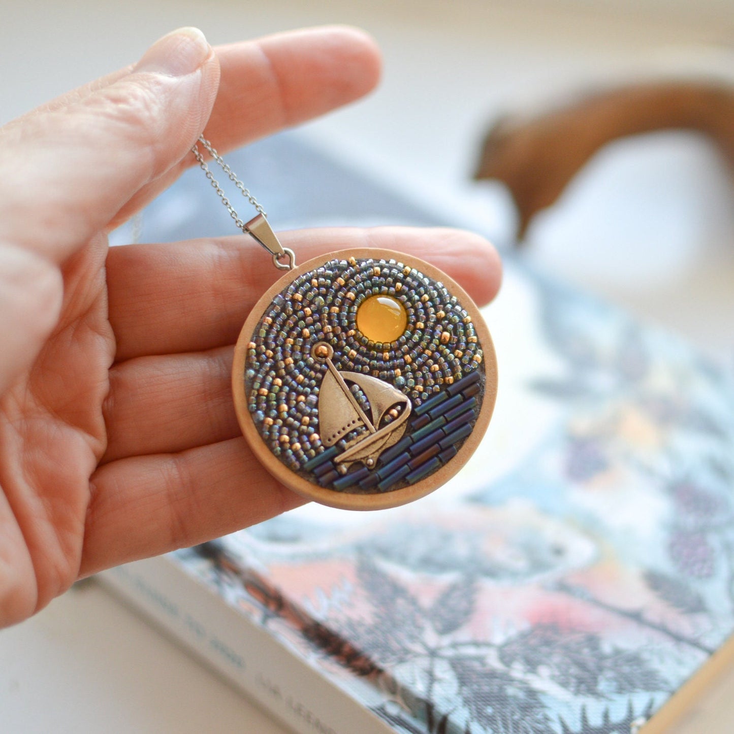 Night Sky and Sailboat Necklace, Stars and Full Moon Beaded Pendant