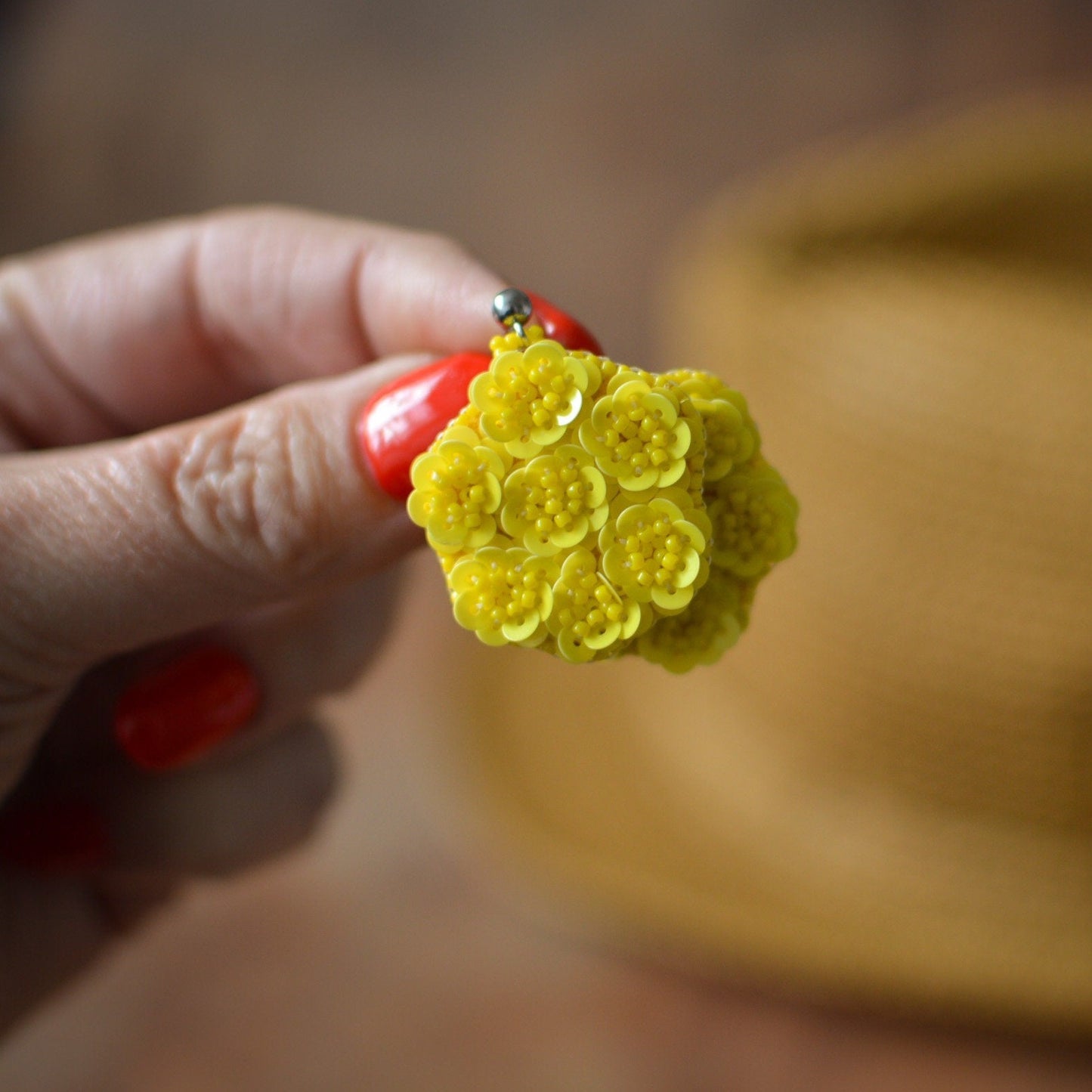 Floral Sequin Earrings - Yellow
